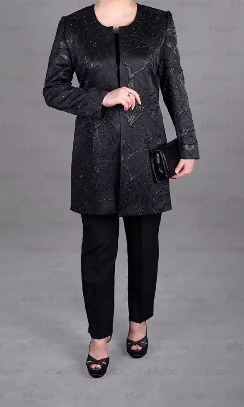 کت بلند ژاکارد مشکی و شلوار مشکی قد 90