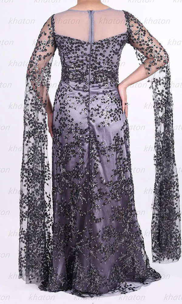 پیراهن مجلسی طوسی کار شده آستین بلند نمای پشت