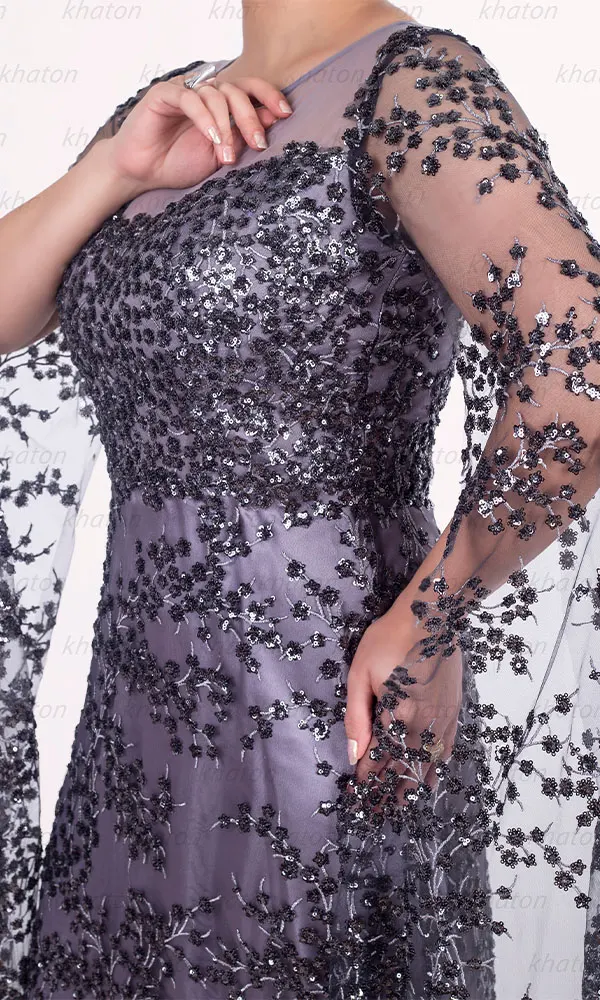 پیراهن مجلسی طوسی کار شده آستین بلند