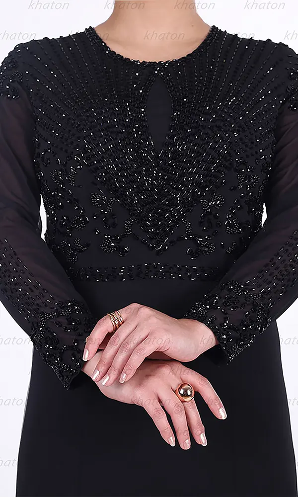 پیراهن حریر مشکی سنگدوزی شده آستین بلند