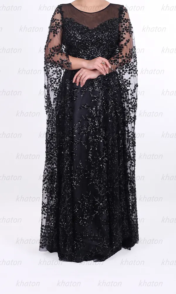 پیراهن مجلسی مشکی کار شده آستین بلند