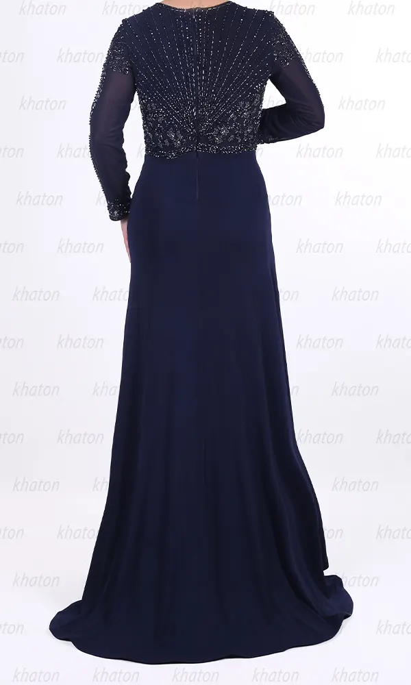 پیراهن حریر سورمه ای سنگدوزی شده آستین بلند نمای پشت