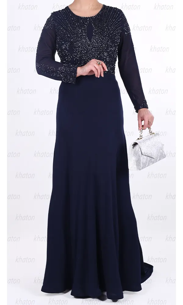 پیراهن حریرسورمه ای سنگدوزی شده آستین بلند