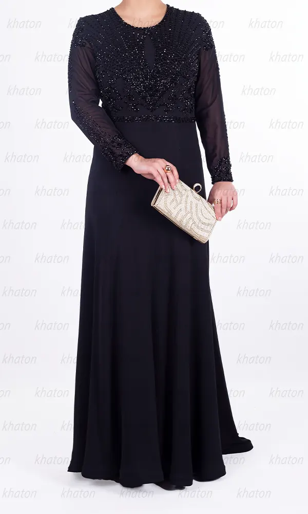 پیراهن حریر مشکی سنگدوزی شده آستین بلند