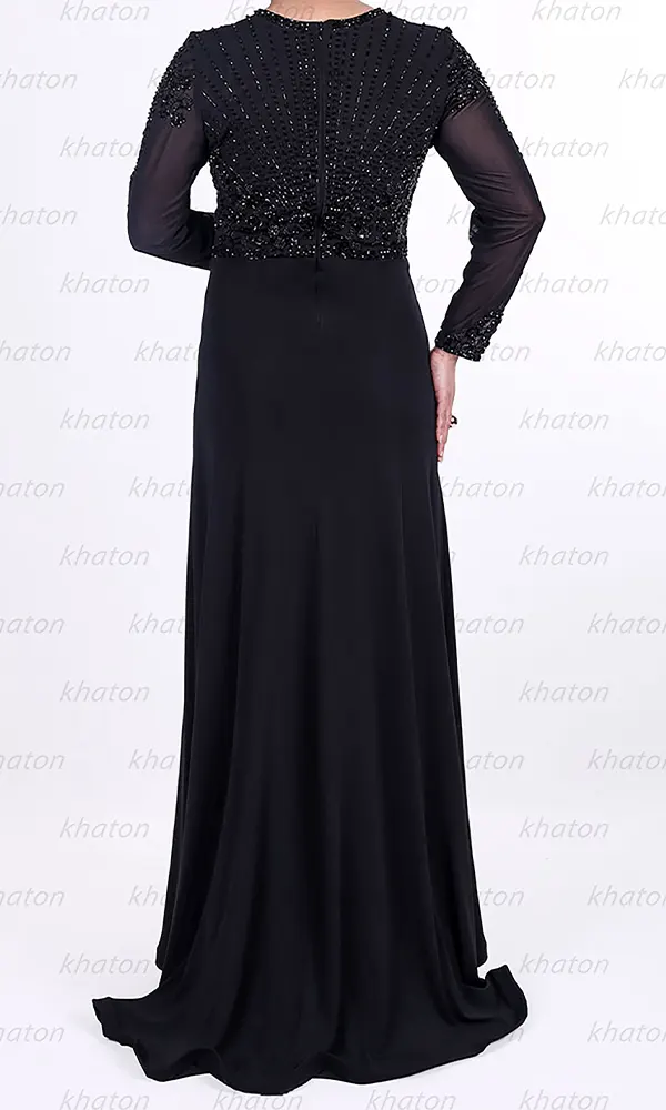 پیراهن حریر مشکی سنگدوزی شده آستین بلند نمای پشت