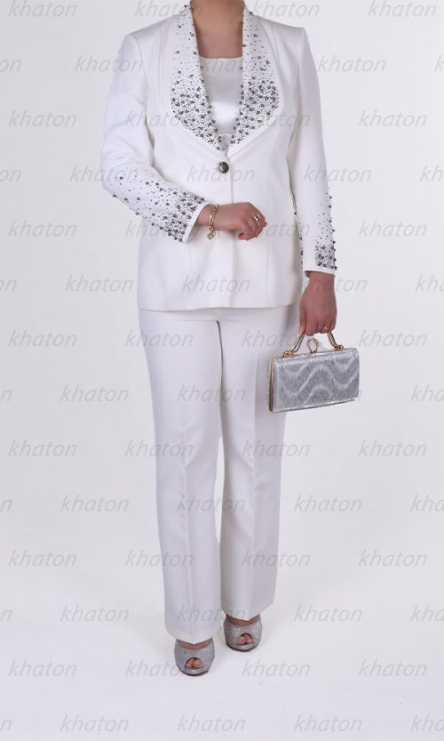 کت و شلوار یقه آرشال مرواریدی آستین بلند رنگ سفید