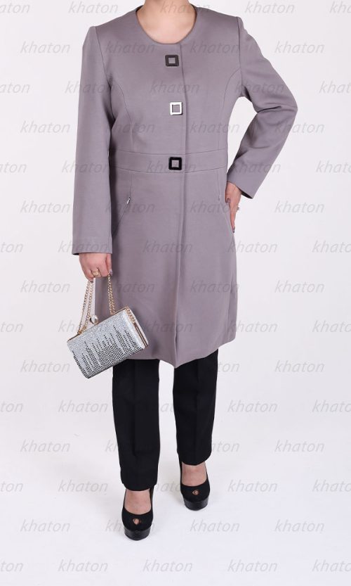 پالتو فوتر کجراه طوسی دکمه مخفی جیب زیپدار